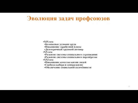 Эволюция задач профсоюзов XIX век Безопасные условия труда Повышение заработной платы