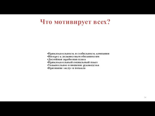 Что мотивирует всех? Привлекательность и стабильность компании Интерес к должностным обязанностям