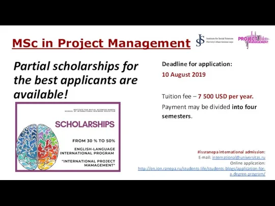 MSc in Project Management Partial scholarships for the best applicants are