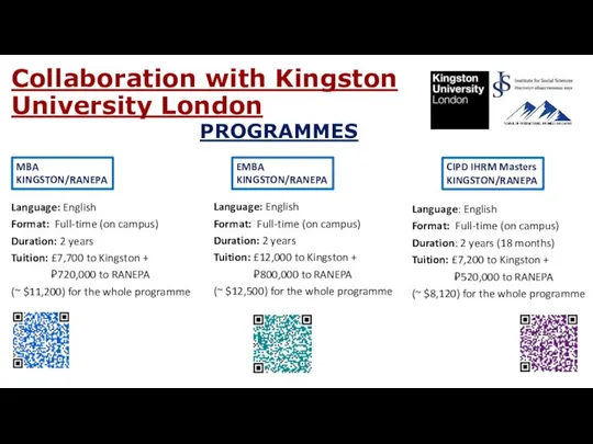 Collaboration with Kingston University London PROGRAMMES MBA KINGSTON/RANEPA CIPD IHRM Masters