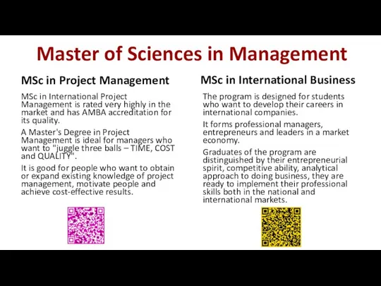 Master of Sciences in Management MSc in Project Management MSc in