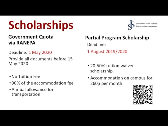 Scholarships Government Quota via RANEPA Deadline: 1 May 2020 Provide all