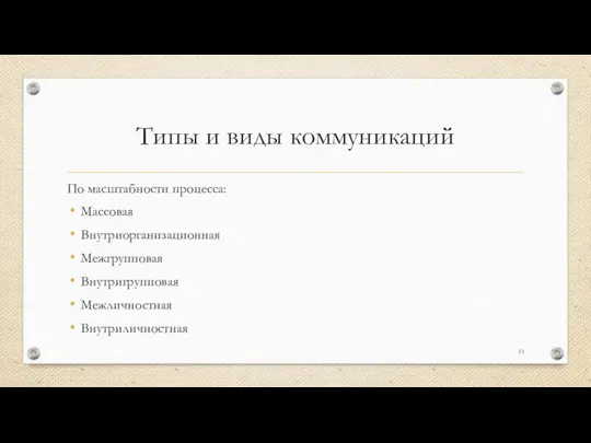 Типы и виды коммуникаций По масштабности процесса: Массовая Внутриорганизационная Межгрупповая Внутригрупповая Межличностная Внутриличностная