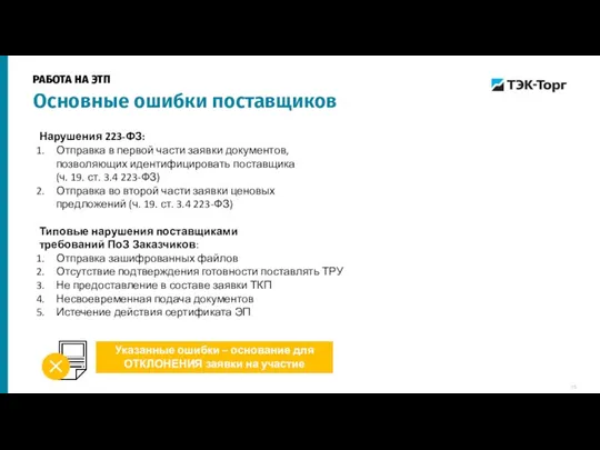 Нарушения 223-ФЗ: Отправка в первой части заявки документов, позволяющих идентифицировать поставщика