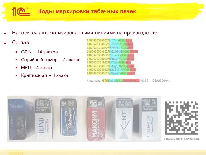 Коды маркировки табачных пачек Наносится автоматизированными линиями на производстве Состав: GTIN