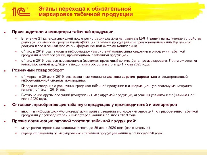 Этапы перехода к обязательной маркировке табачной продукции Производители и импортеры табачной