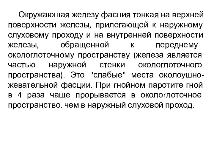 Окружающая железу фасция тонкая на верхней поверхности железы, прилегающей к наружному