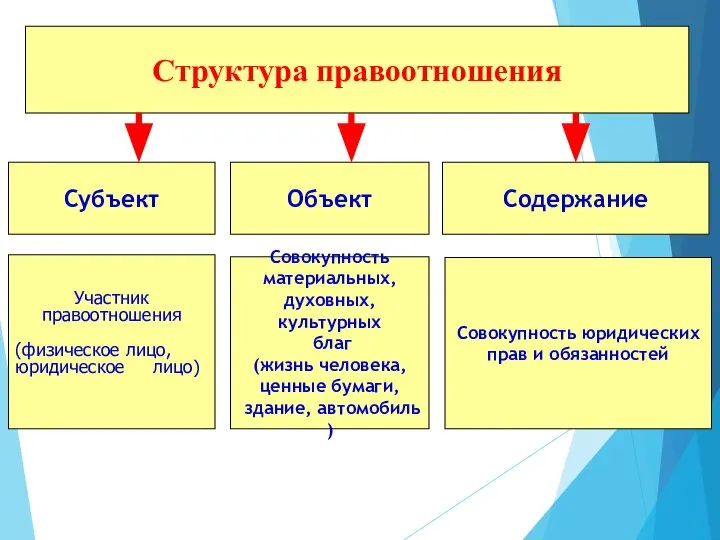 Структура правоотношения Субъект Объект Содержание Участник правоотношения (физическое лицо, юридическое лицо)