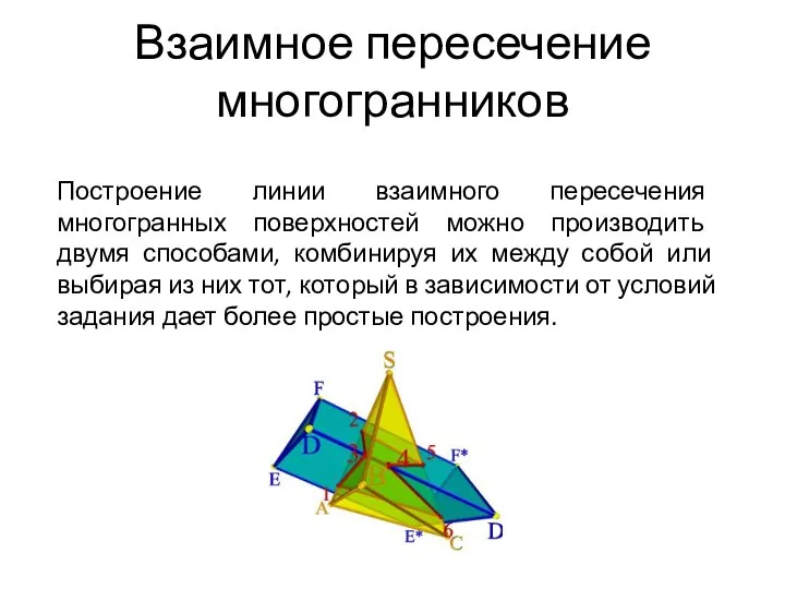 Взаимное пересечение многогранников Построение линии взаимного пересечения многогранных поверхностей можно производить