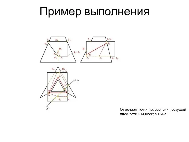 Пример выполнения Отмечаем точки пересечения секущей плоскости и многогранника