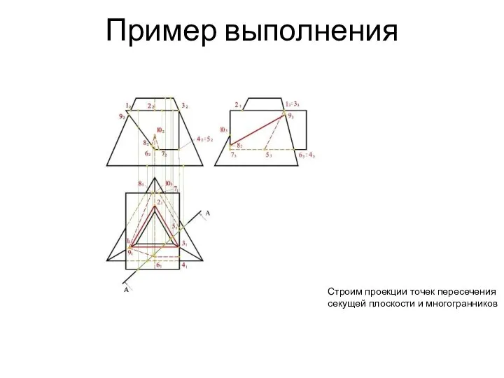 Пример выполнения Строим проекции точек пересечения секущей плоскости и многогранников