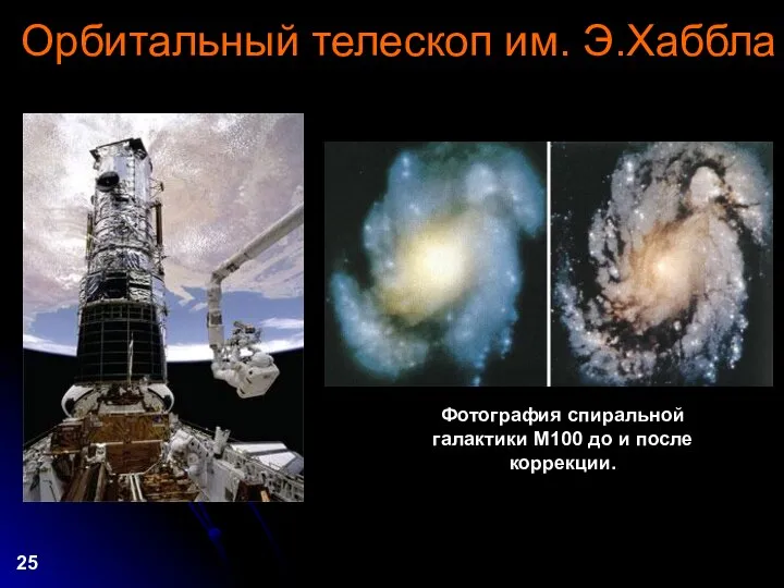 Орбитальный телескоп им. Э.Хаббла Фотография спиральной галактики M100 до и после коррекции. 25