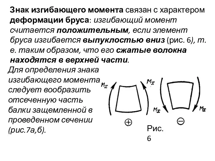 Знак изгибающего момента связан с характером деформации бруса: изгибающий момент считается