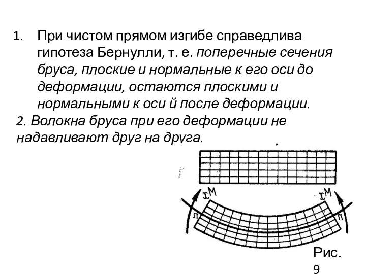 При чистом прямом изгибе справедлива гипотеза Бернулли, т. е. поперечные сечения