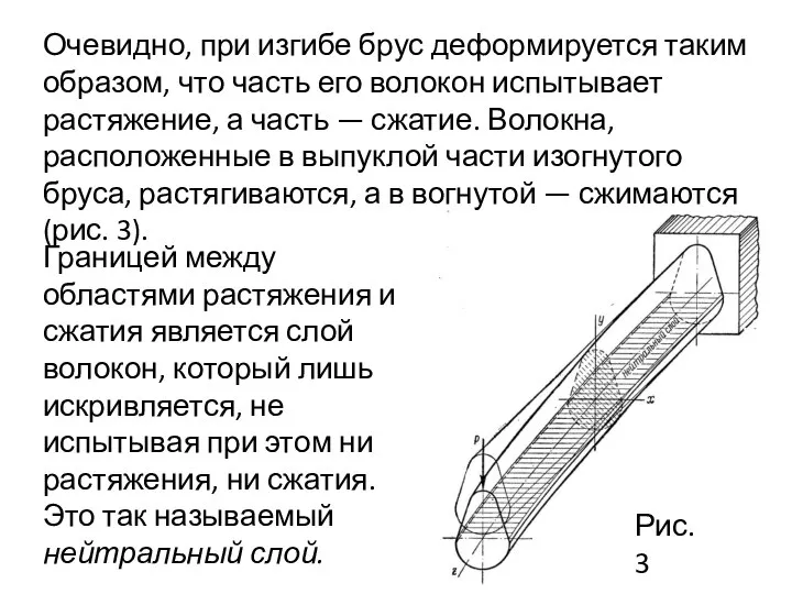 Очевидно, при изгибе брус деформируется таким образом, что часть его волокон