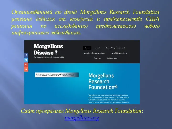 Организованный ею фонд Morgellons Research Foundation успешно добился от конгресса и