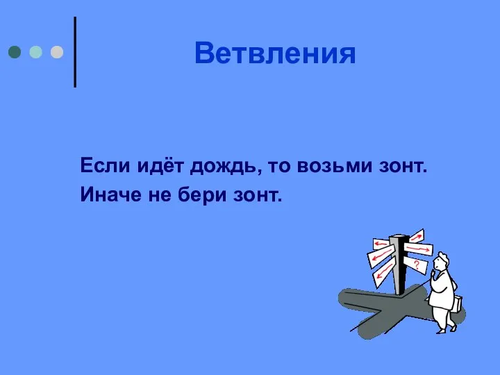 Ветвления Если идёт дождь, то возьми зонт. Иначе не бери зонт.