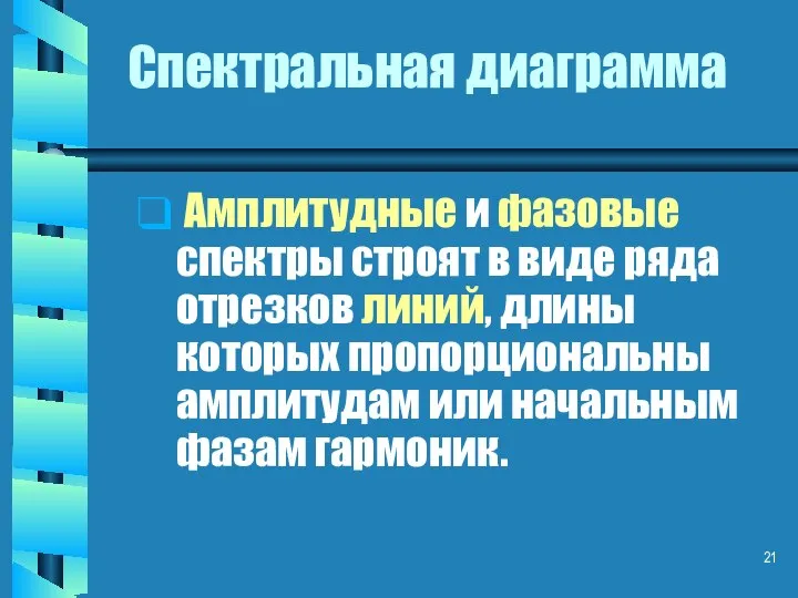 Спектральная диаграмма Амплитудные и фазовые спектры строят в виде ряда отрезков