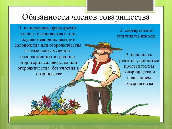 Обязанности членов товарищества 1. не нарушать права других членов товарищества и