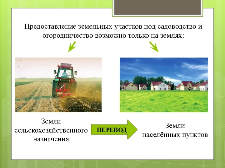 Предоставление земельных участков под садоводство и огородничество возможно только на землях: