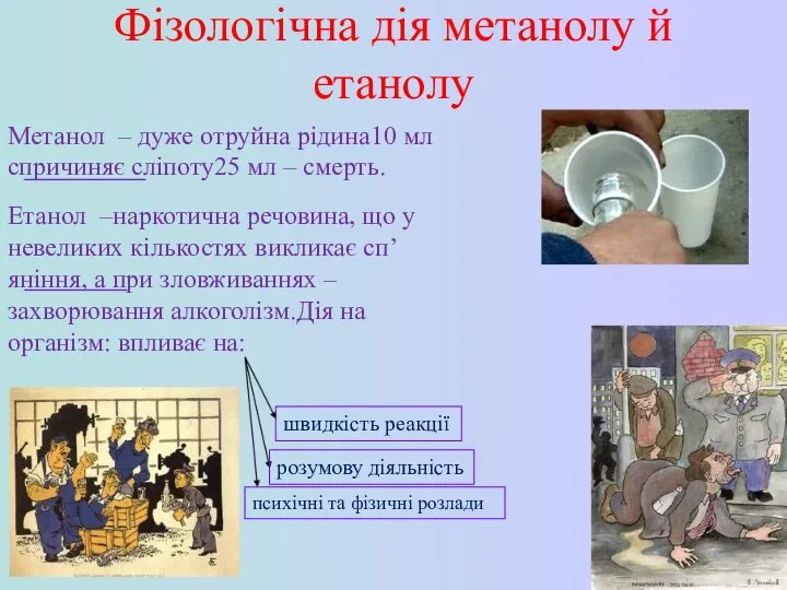 Фізологічна дія метанолу й етанолу Метанол – дуже отруйна рідина10 мл