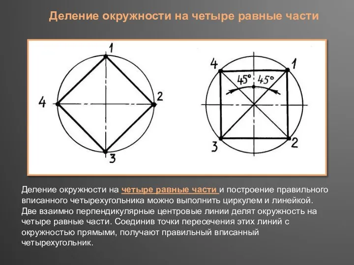 Деление окружности на четыре равные части и построение пра­вильного вписанного четырехугольника