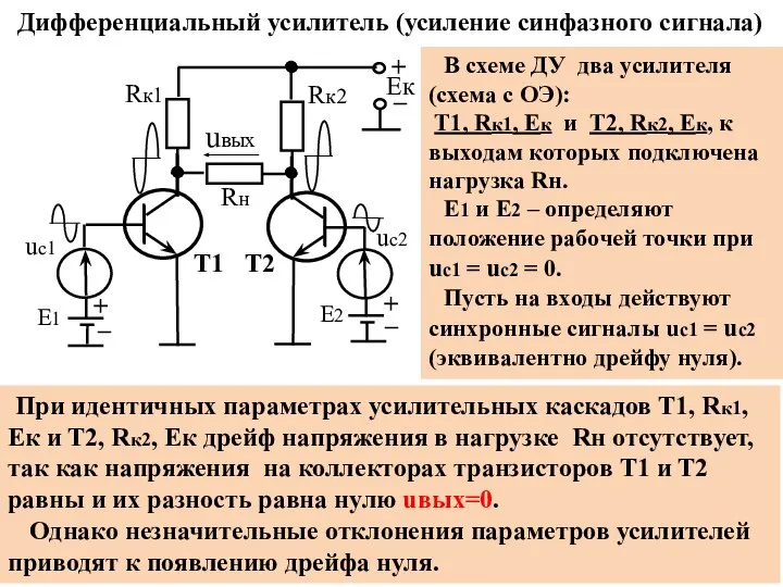 Дифференциальный усилитель (усиление синфазного сигнала) В схеме ДУ два усилителя (схема