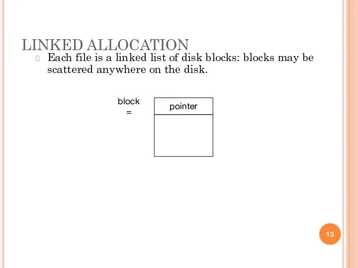 LINKED ALLOCATION Each file is a linked list of disk blocks: