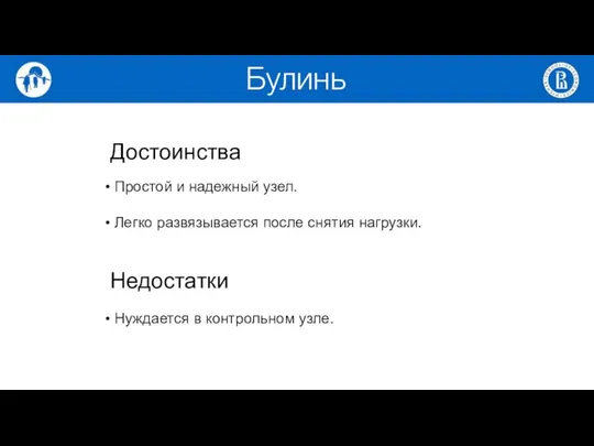 Достоинства Простой и надежный узел. Легко развязывается после снятия нагрузки. Недостатки Нуждается в контрольном узле. Булинь