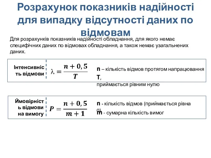 Розрахунок показників надійності для випадку відсутності даних по відмовам Ймовірність відмови