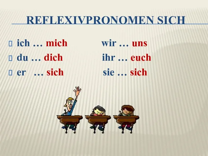 REFLEXIVPRONOMEN SICH ich … mich wir … uns du … dich