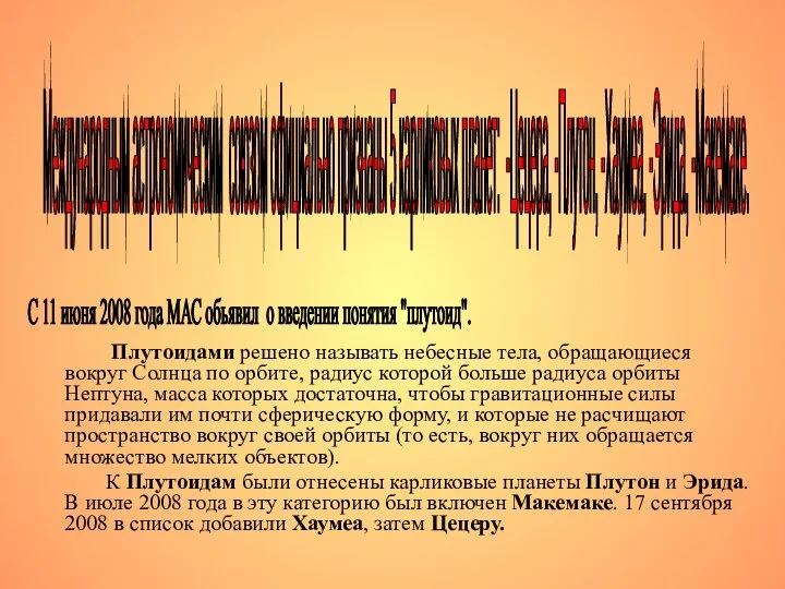 С 11 июня 2008 года МАС обьявил о введении понятия "плутоид".