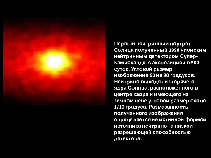 Первый нейтринный портрет Солнца полученный 1998 японским нейтринным детектором Супер-Камиоканде с