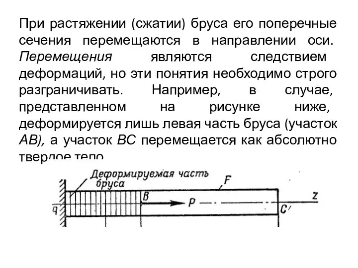 При растяжении (сжатии) бруса его поперечные сечения перемещаются в направлении оси.