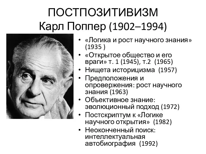 ПОСТПОЗИТИВИЗМ Карл Поппер (1902–1994) «Логика и рост научного знания» (1935 )