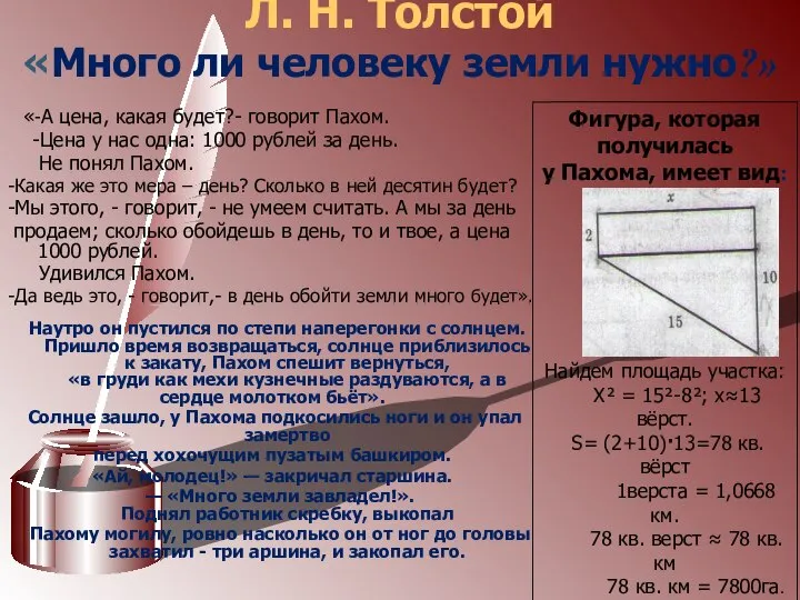 Л. Н. Толстой «Много ли человеку земли нужно?» «-А цена, какая