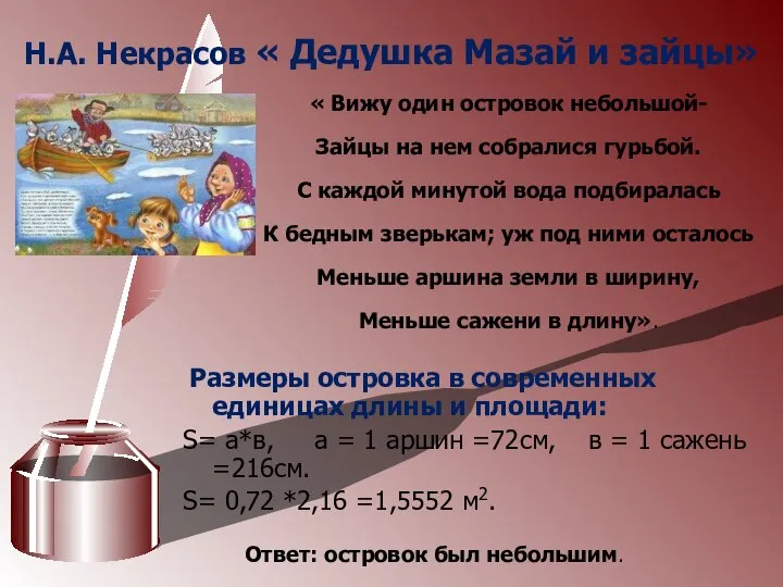 Н.А. Некрасов « Дедушка Мазай и зайцы» Размеры островка в современных