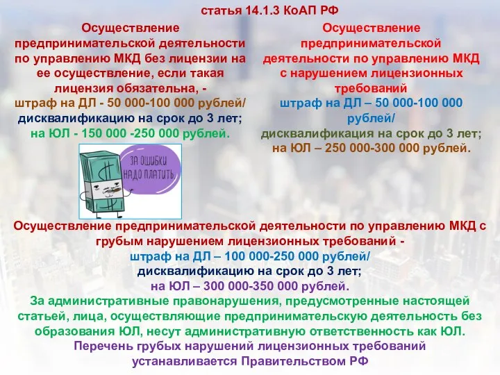 статья 14.1.3 КоАП РФ Осуществление предпринимательской деятельности по управлению МКД без