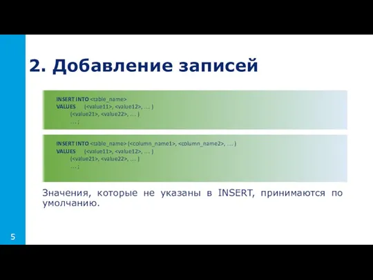 Значения, которые не указаны в INSERT, принимаются по умолчанию. 2. Добавление