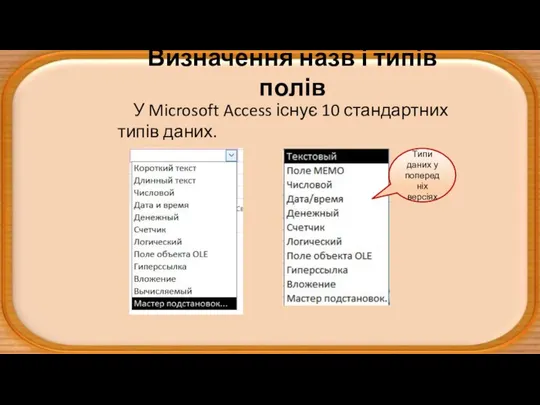 Визначення назв і типів полів У Microsoft Access існує 10 стандартних