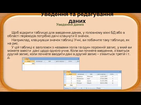 Уведення та редагування даних Уведення даних Щоб відкрити таблицю для введення