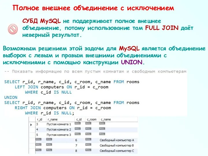 Полное внешнее объединение с исключением СУБД MySQL не поддерживает полное внешнее