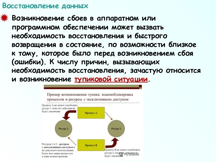 Возникновение сбоев в аппаратном или программном обеспечении может вызвать необходимость восстановления