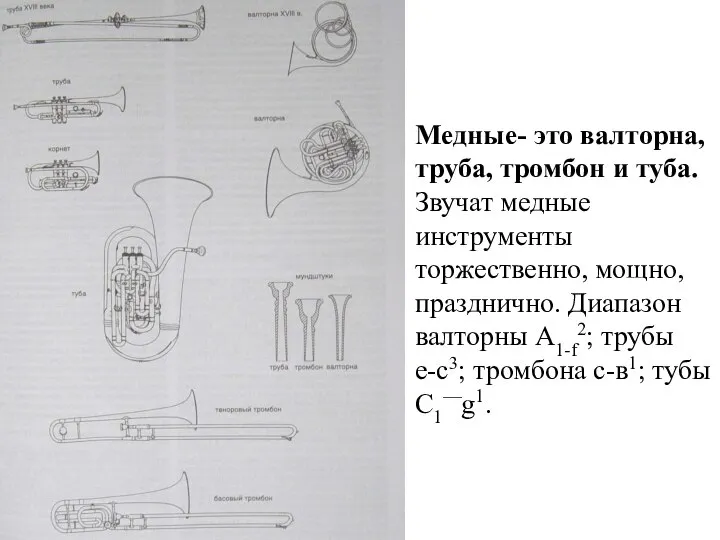 Медные- это валторна, труба, тромбон и туба. Звучат медные инструменты торжественно,