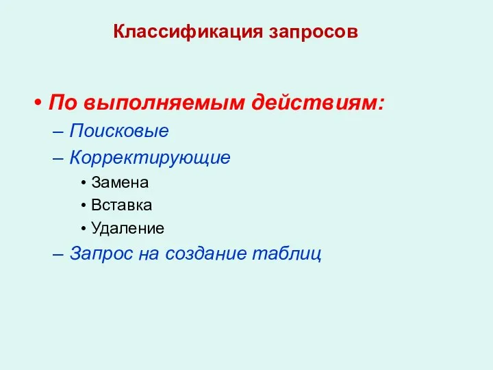 По выполняемым действиям: Поисковые Корректирующие Замена Вставка Удаление Запрос на создание таблиц Классификация запросов