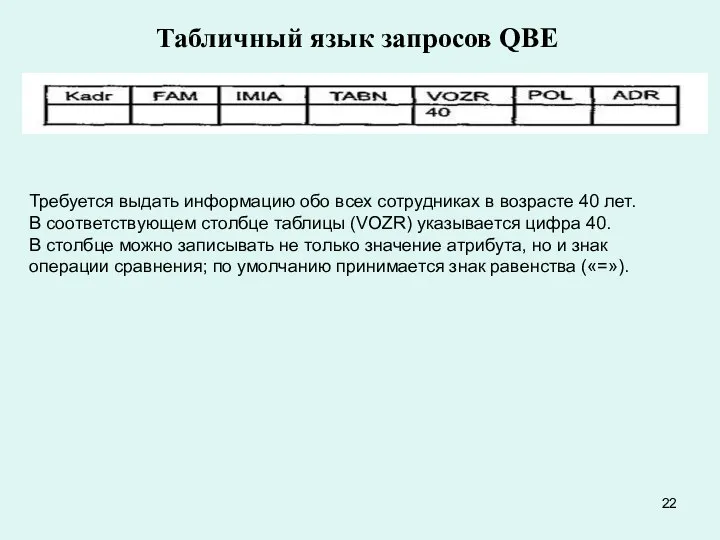 Табличный язык запросов QBE Требуется выдать информацию обо всех сотрудниках в