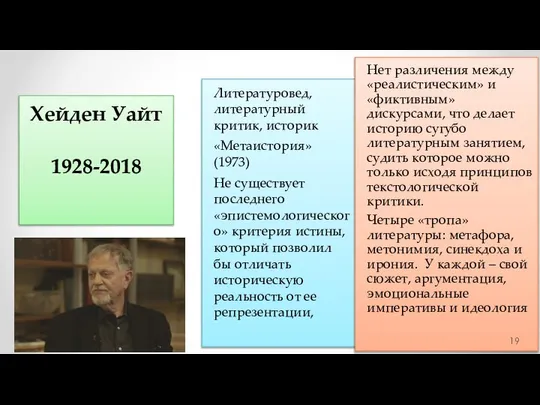 Хейден Уайт 1928-2018 Литературовед, литературный критик, историк «Метаистория» (1973) Не существует