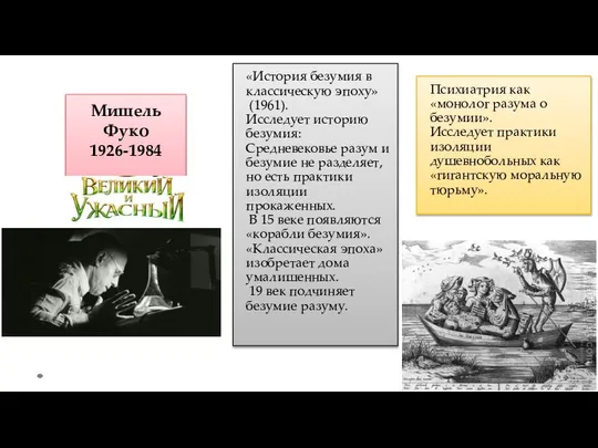 Мишель Фуко 1926-1984 «История безумия в классическую эпоху» (1961). Исследует историю