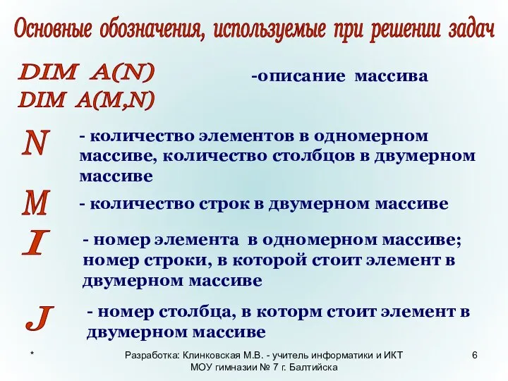 * Основные обозначения, используемые при решении задач DIM A(N) -описание массива