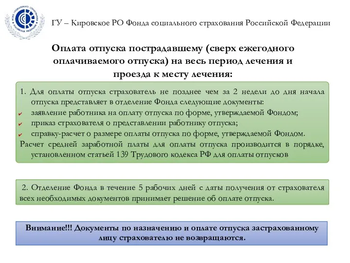 ГУ – Кировское РО Фонда социального страхования Российской Федерации Оплата отпуска